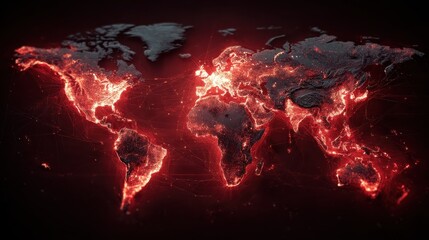 Wall Mural - glowing red world map network.