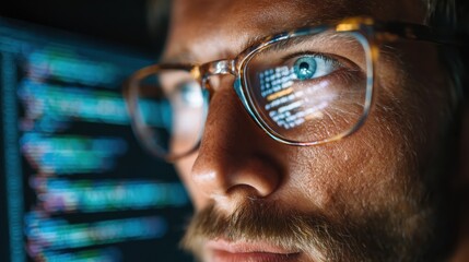 Focused developer coder wears glasses working on computer looking at programming code data cyber security digital tech reflecting in spectacles developing software program, focus on eye close up view
