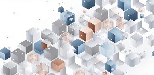 Wall Mural - background with abstract geometric hexagons and cubes in white, grey, blue, and brown colors big dat