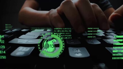 Time lapse of man working on laptop computer keyboard with graphic user interface GUI hologram showing big data science technology, digital network connection and computer programming algorithm. Glean