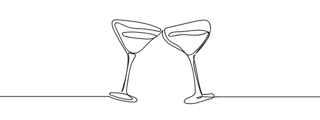 Wall Mural - Continuous vector line Two wine glasses clinking together on transparent background. editable stroke.