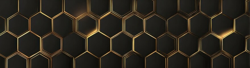 Wall Mural - Black background with a golden geometric hexagon pattern a dark and moody color palette, simple lines, flat design, a dark background with light accents Generative AI