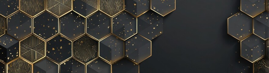 Wall Mural - Dark blacak background with a golden hexagon pattern for a luxurious design, with copy space a dark grey and gold abstract wallpaper Generative AI