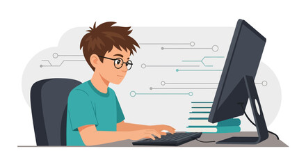 Boy Studies Online Or Attends Classes Sitting With Personal Computer