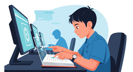 Focused Young Man Working On Laptop In A Bright Tech Workspace Illustration