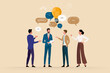 © VectorART - Group of people in business suits discussing an idea or talking to each other with text bubbles and lamp above their heads. Vector concept of business conversation in cartoon style.