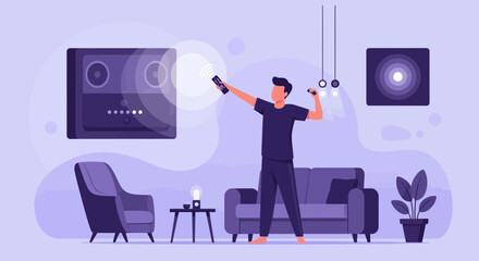Man Operating Smart Home Entertainment System With Remote Control Technology
