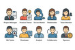 © Oksana Burka - Cartoon Icons of Project Management Roles Including Developer, QA Tester, and Scrum Master
