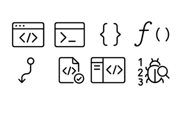 black and white line icons for programming: html, command line, functions, debugging