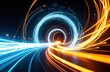 © starush - Light trails and swirling light patterns creating a dynamic tunnel effect with vibrant blue and orange colors