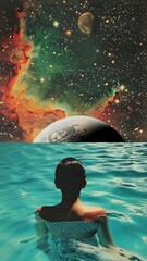 Wall Mural - surreal video concept with a rear view of a person in a pool, gazing at a cosmic sky. low angle enha