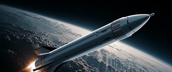Wall Mural - anamorphic video rocket in space with earth background. view from space. the rocket flies and rotate