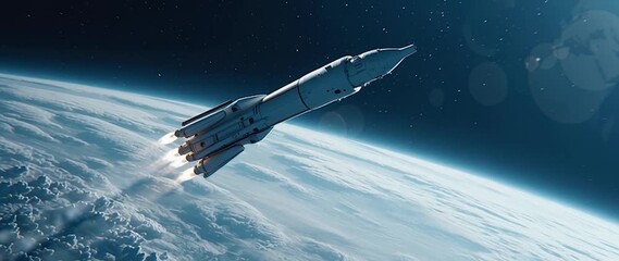 Wall Mural - anamorphic video rocket in space with earth background. view from space. the rocket flies and rotate