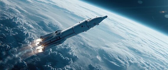 Wall Mural - anamorphic video rocket in space with earth background. view from space. the rocket flies and rotate