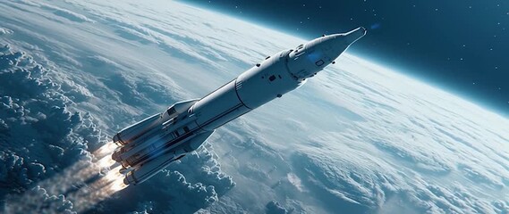 Wall Mural - anamorphic video rocket in space with earth background. view from space. the rocket flies and rotate