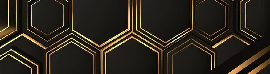 Wall Mural - Black background with a golden geometric hexagon pattern a dark and moody color palette, simple lines, flat design, a dark background with light accents Generative AI