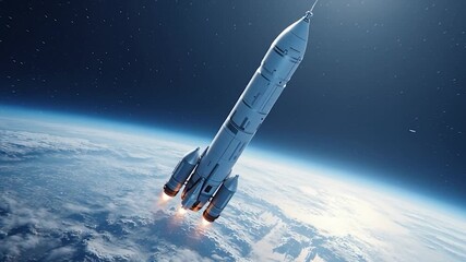 Wall Mural - rocket in space with earth background. view from space. the rocket flies and rotates.