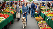 © ArtFocus Studio - Woman with a service dog at a farmer's market, buying fresh produce. An eye-level shot of a happy customer with her guide dog.. Accessibility, healthy choices, community support.