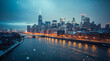 © Aditya - A stunning winter cityscape at dusk, with snow falling gently on a river reflecting the warm glow of city lights and towering skyscrapers.