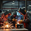 © Kyle - Welding workshop with skilled workers using various techniques, such as MIG, TIG, and arc welding, to join metal pieces together,