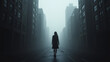 © Nia - Woman walking alone down fog-covered city street, back view