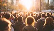 © amat - A large crowd of people walking down a city street, bathed in golden sunlight