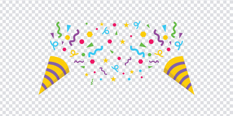 Two festive party poppers exploding with colorful confetti. Yellow and purple striped party horns shooting colorful confetti and ribbons. Perfect for birthday and event designs