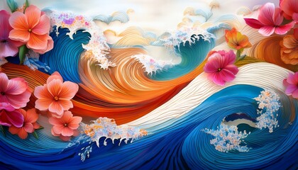 Wall Mural - vibrant waves with flowers and textures in traditional art style
