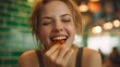 © ViskBx - A young woman with closed eyes and a beaming smile savors a delightful bite of saucy food with obvious enjoyment.