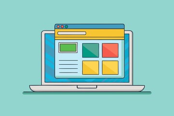 Laptop with Website Interface Cartoon Illustration on Light Green Background