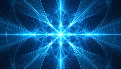 an abstract, symmetrical pattern of glowing blue light streaks on a dark blue background, creating a sense of energy and interconnectedness.