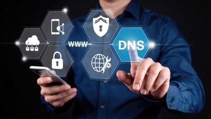 Professional manages DNS server settings using mobile tech for streamlined network optimization