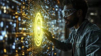 An African American programmer uses augmented reality interface with virtual display with golden