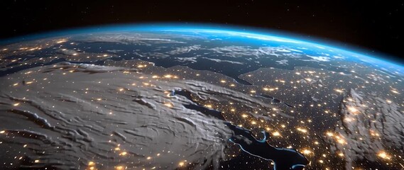 Wall Mural - anamorphic video space view of earth at night with lots of light