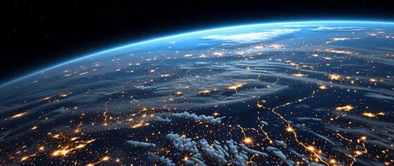 Wall Mural - anamorphic video space view of earth at night with lots of light