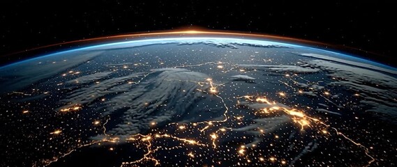 Wall Mural - anamorphic video space view of earth at night with lots of light