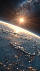 Wall Mural - vertical video beautiful sunrise on earth. view from space. starry sky