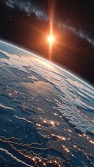 Wall Mural - vertical video beautiful sunrise on earth. view from space. starry sky