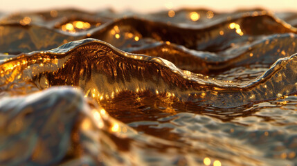 Wall Mural - Golden glitter waves create mesmerizing scene with soft depth of field, capturing beauty of shimmering water. warm tones evoke sense of tranquility and wonder