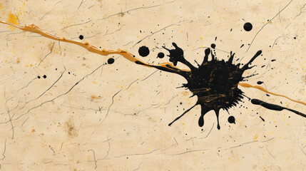 Wall Mural - abstract ink splatter texture on clean surface, showcasing chaos and creativity with black and gold 