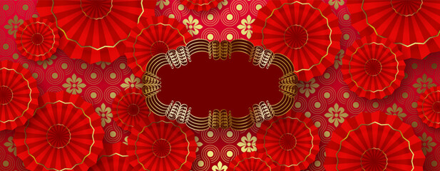 Wall Mural - Chinese New Year. Exquisite red greeting card with isolated figured frame.