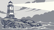 © khan - Lighthouse vector illustration with ocean view and light beam in grayscale for web and graphic design use