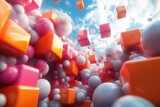 A vibrant abstract scene with colorful cubes and spheres floating in a bright sky.