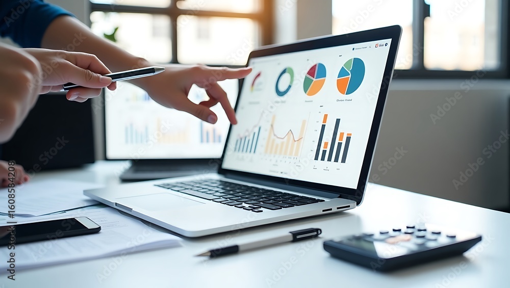 Business professionals collaborating and analyzing financial data on a ...
