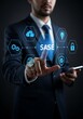 © Jahanara - Businessman interacts with futuristic sase interface representing secure access service edge technology.