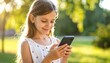 © Ali - A young girl outdoors, engrossed in her phone.  Sunlight highlights her light brown hair and smiling face.  She wears a simple, white, polka-dotted dress.  Out-of-focus background of trees and grass