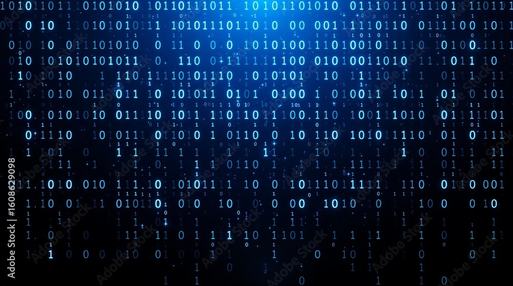 Abstract binary code background with glowing blue digits and subtle light effects over a dark backdrop