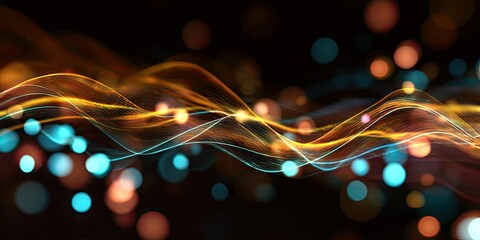 Abstract wave pattern with glowing lines and bokeh lights