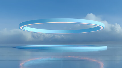 Wall Mural - sky-blue form suspended above reflective baseplate, inner halo light suggests app entry point. illus