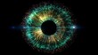 © mevideo - Futuristic artificial cyber eye illuminated with glowing neural circuits and radiant fiber optic light rings, resembling advanced biometric scanning or high-tech digital surveillance technology system